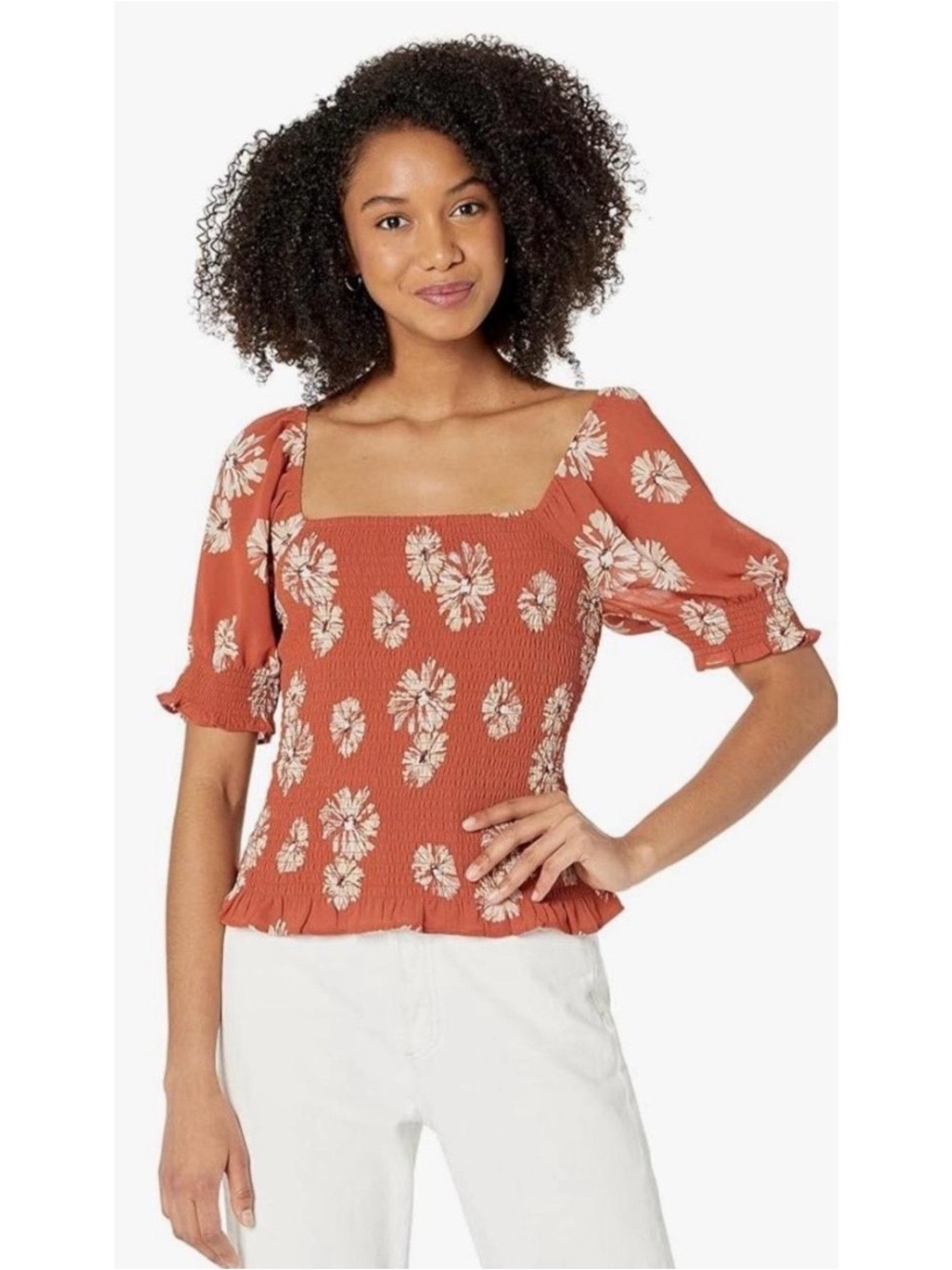 Madewell Smocked Square-Neck Floral Peplum Top - Rust Floral